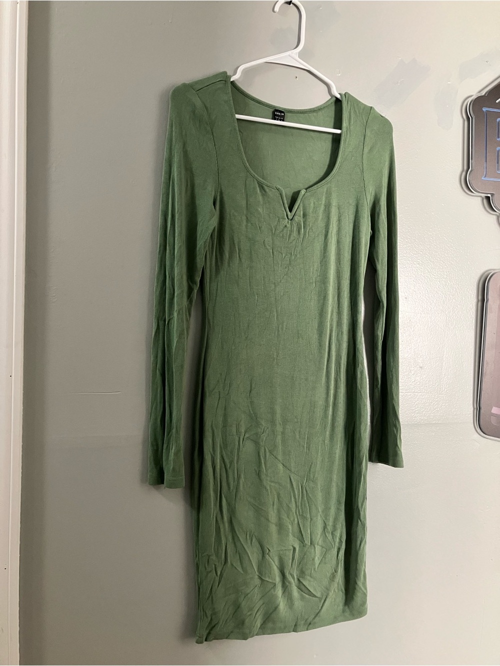 SHEIN Olive Green Long Sleeve Scoop Neck Dress